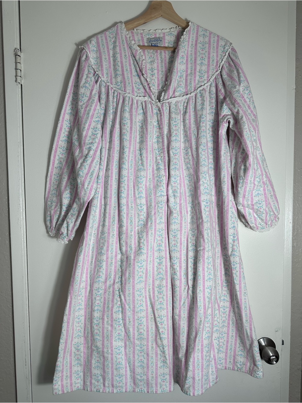 Cotton Striped Pink & White Floral Nightgown with Ruffle Yoke Cottagecore